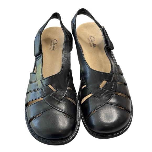 Clarks Fisherman Sandal Shoe Size 9 NARROW Black Leather Slingback Comfort - Picture 1 of 12